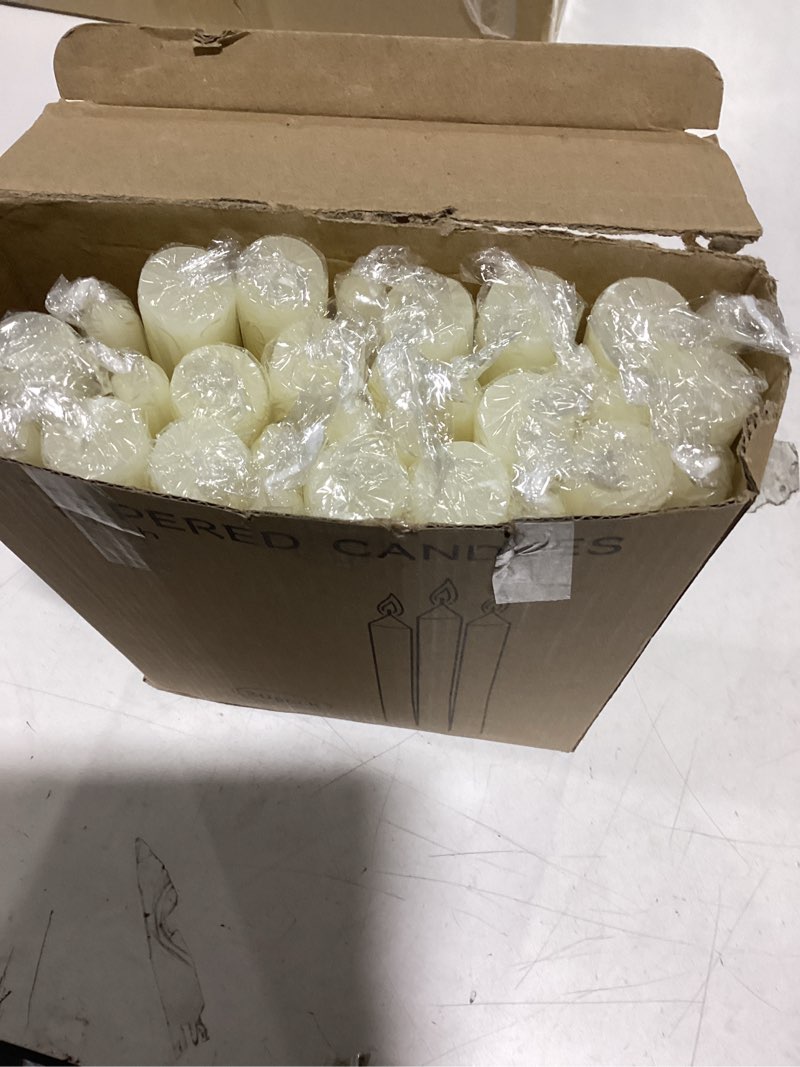 Condition photo showing New/Like New for 30 Pack Ivory Taper Candles - 10 inch Dripless, Smokeless, and Unscented - Long Burning for 8 Hours - Hand Poured Tall Candlesticks - Ideal for Special Occasions and Home Decor 30 Pack Taper Candle Ivory