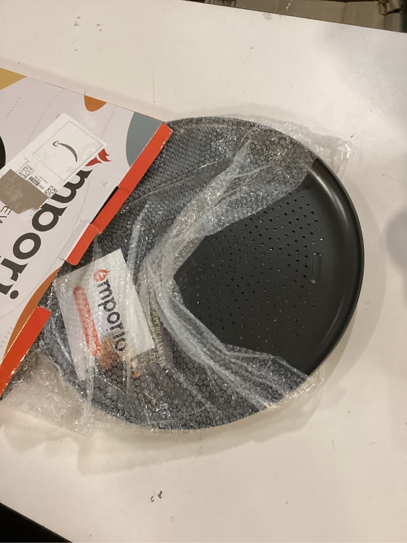 Condition photo showing New/Like New for Pizza Baking Pan - 15.75-Inch Round Perforated Carbon Steel Tray with Non-Stick Coating, Dishwasher Safe, Oven Safe (Up To 450° F), Airflow Design, PFOA, PFOS, PTFE Free, Gray Gray 1 Pack