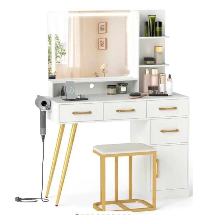 Vanity Set with Mirror and Lights and Table with Adjustable Brightness