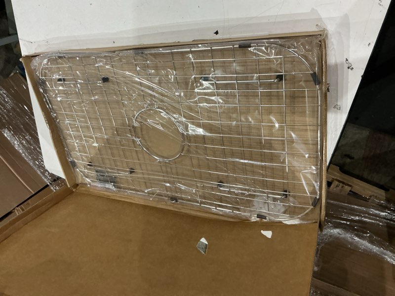 Condition photo showing As Is for kitchen sink grid and sink protectors, stainless steel sink grids for bottom of kitchen sinks, 26" x 14" with rear drain for single bowl sinks 26" x 14 1/16" rear drain