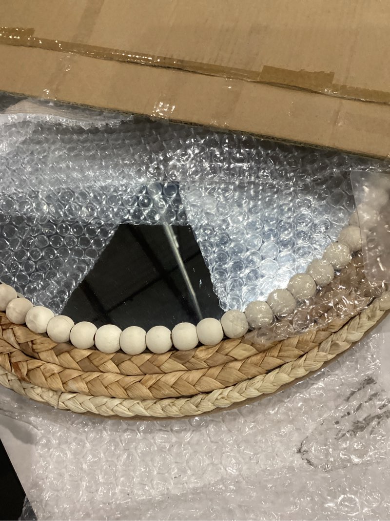 Condition photo showing Good Condition for swthony 15 inch boho round hanging wall mirror decorative rattan circle mirrors for farmhouse, living room, bedroom 15 inch wood