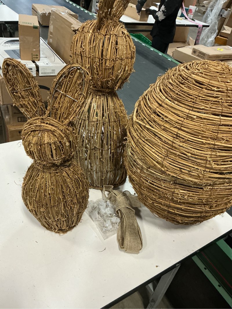 Condition photo showing As Is for Estune 3 Pcs Rattan Woven Easter Bunny Decor with LED Light Strings, 28" 20" 19" Spring Rabbit Eggs Light up Easter Garden Decoration for Rustic Farmhouse Outdoor, Non-Connecting Structure Cable Ties