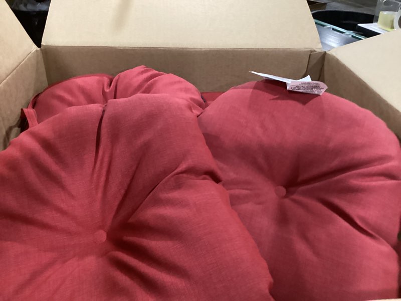 Condition photo showing As Is for Arden Outdoor Tufted Bistro Seat Cushion, Set of 4, 14.5 in x 15 in, Rain-Proof, Fade Resistant Ruby Red Leala 15 x 14.5 Ruby Red Leala 4