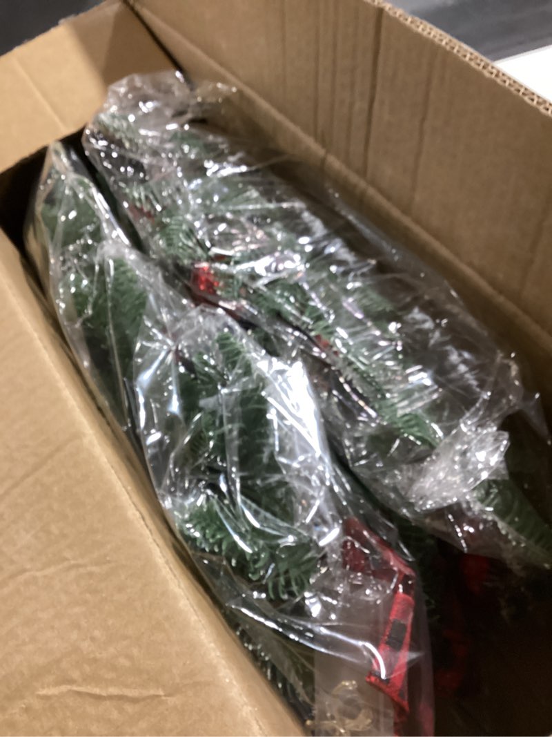 Condition photo showing As Is for Dingion 3 Pcs Pre Lit Christmas Swags Door Decoration Set Include Christmas Wreath and 24Inch Swag with Light for Front Door Red Berry Pine Cone Garland for Xmas Party Indoors Outdoors Decor