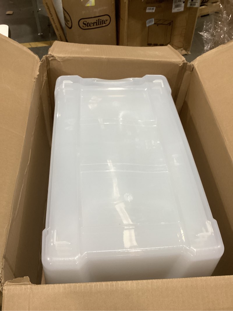 Condition photo showing As Is for IRIS USA 72 QT Plastic Storage Box with Lid and Latches - 4 Pack - BPA-Free, See-Through Organizing Solution, Durable Nestable Stackable Containers, Secure Pull Handle - Clear Clear 72 Qt 4 Pack