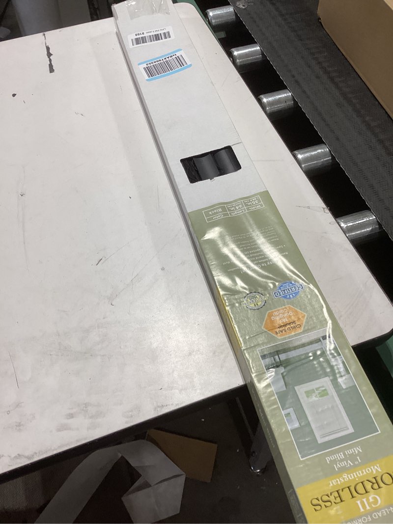 Condition photo showing Good Condition for Cordless Light Filtering Mini Blinds for Indoor Windows - 35 Inch Width, 64 Inch Length, 1" Slat Size - Black - Cordless GII Morningstar Horizontal Windows Blinds for Interior by Achim Home Decor