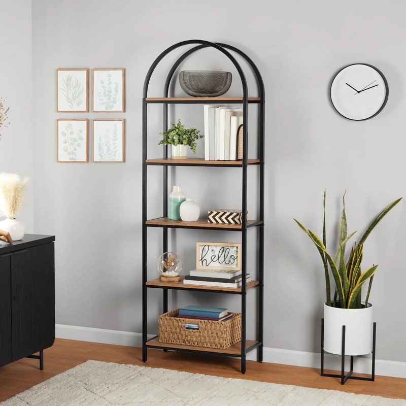  mainstays 5-shelf metal and wood arch open bookcase