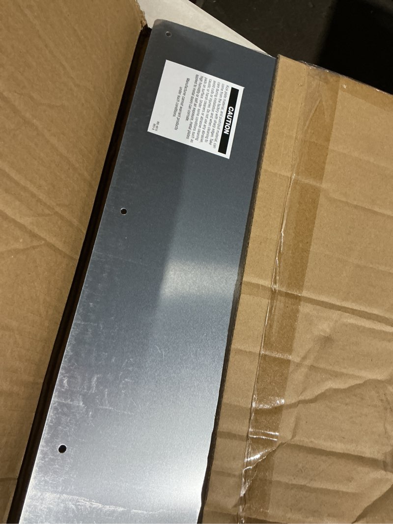 Condition photo showing As Is for prime-line j 4620 10 x 34 in., aluminum, door kick, satin finish (single pack) plate