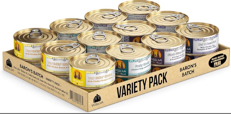 weruva classic dog food, variety pack, baron's batch, wet dog food, 5.5oz cans (pack of 24) baron's batch variety pack 5.5 ounce (pack of 24)((best by/feb/2028))