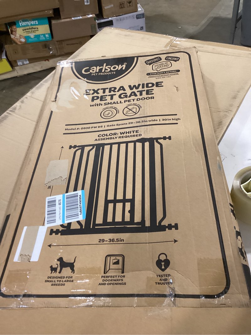 Condition photo showing Good Condition for carlson 36.5" extra wide walk-through pet gate with small pet door – metal pressure mount design dog gate, tested and trusted by pet parents, american designed, american owned