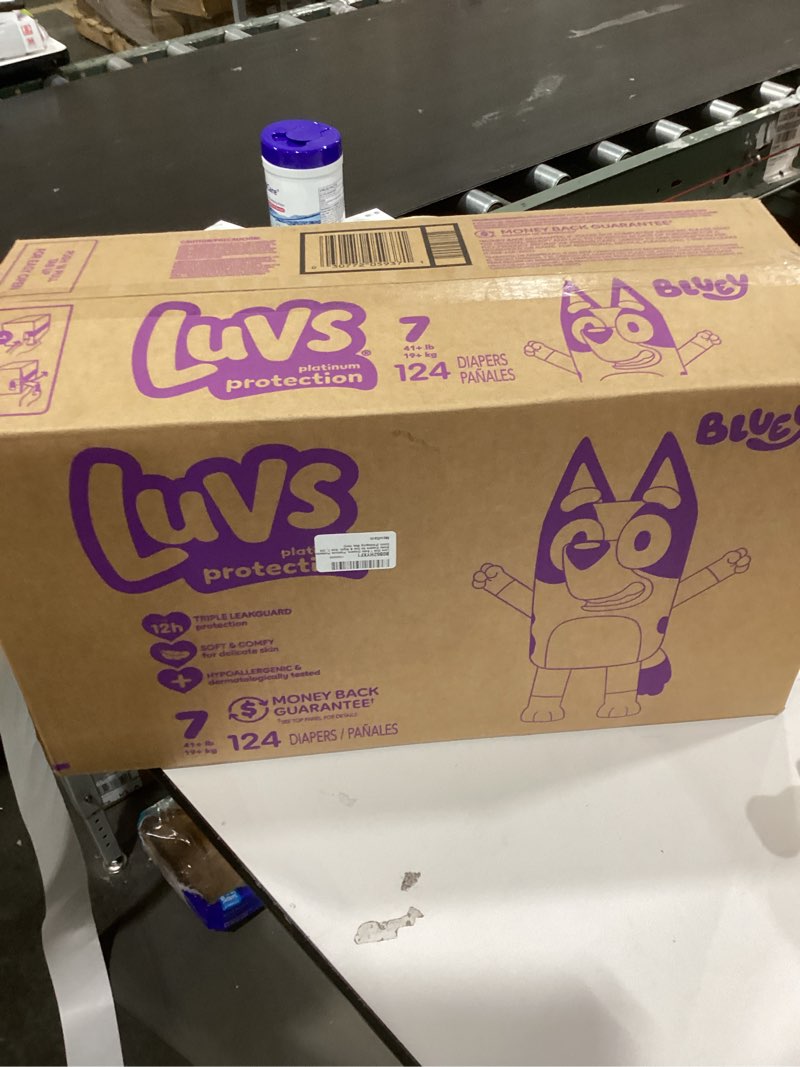 Condition photo showing New/Like New for luvs size 7 baby diapers, platinum protection bluey diapers for day & night, size 7, 124 count (packaging may vary) size 7 124