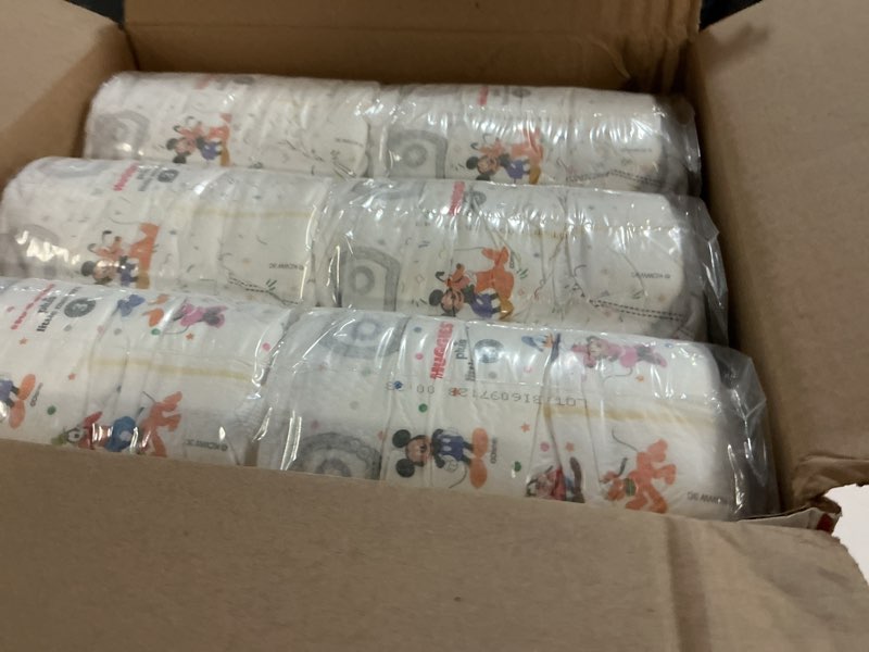 Condition photo showing New/Like New for huggies plus little movers diapers, size 3, 204 count, disney collection, 2-in-1 active baby protection, secure fit, extra absorbent, 16-28 pounds