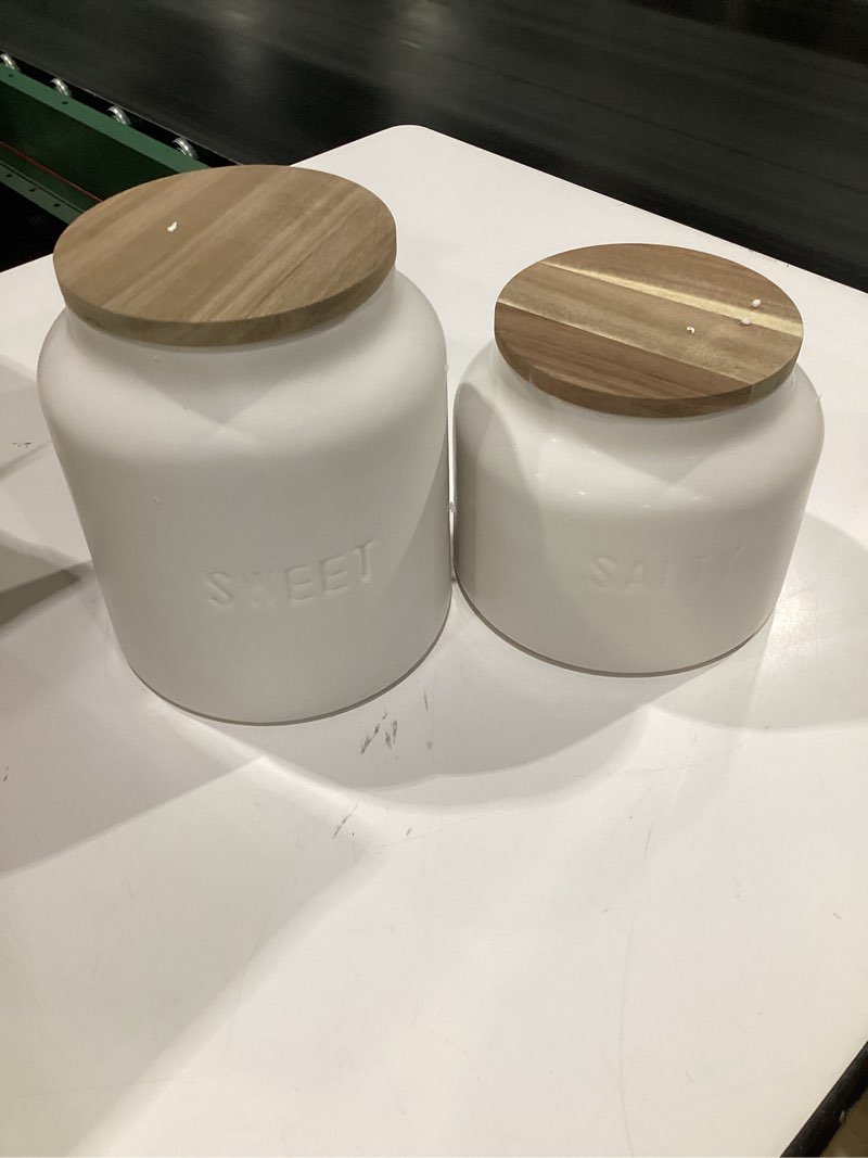 Condition photo showing Good Condition for Santa Barbara Design Studio Canisters - Ceramic Canister with Airtight Acacia Wood Lid, Set of 2, Sweet + Salty