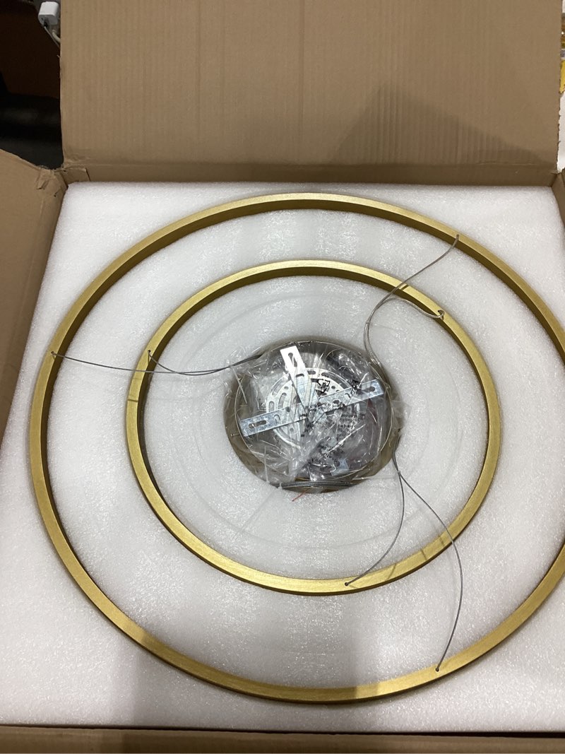 Condition photo showing Good Condition for modern led chandelier 2 ring 23.6in circular pendant light for dining room, gold dimmable round chandelier light fixture hanging light with remote for living room kitchen island 2 rings gold