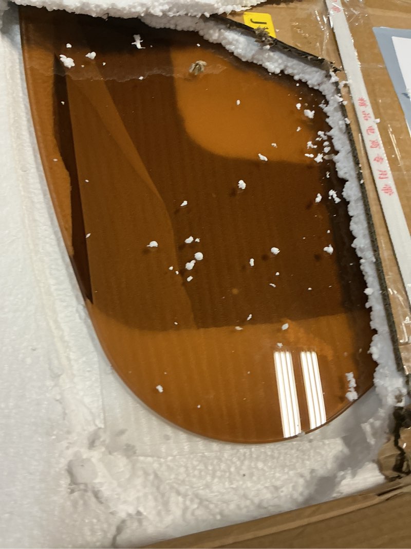 Condition photo showing Good Condition for easysoul modern glass coffee table, 32.68" d x 22.44" w x 15.75" h, abstract round tea tables for living room home office industrial cocktail tables (walnut-brown glass, 32.68") walnut-brown glass 32.68"