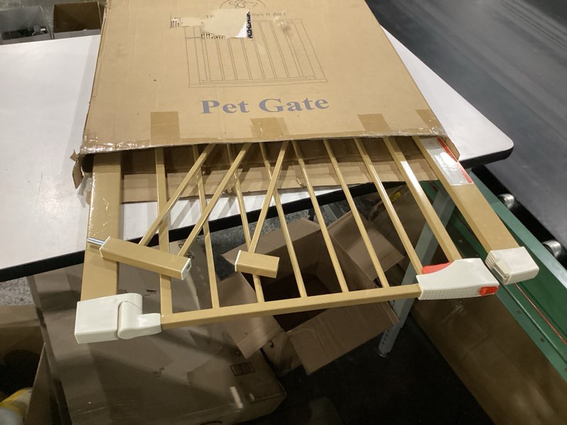 Condition photo showing As Is for **similar to stock photo**baby gate no drilling, 29\"-40\" auto close dog gate indoor for doorways & stairs, pressure mounted adjustable pet gate, easy walk through child gate for children & pets stroller friendly, white