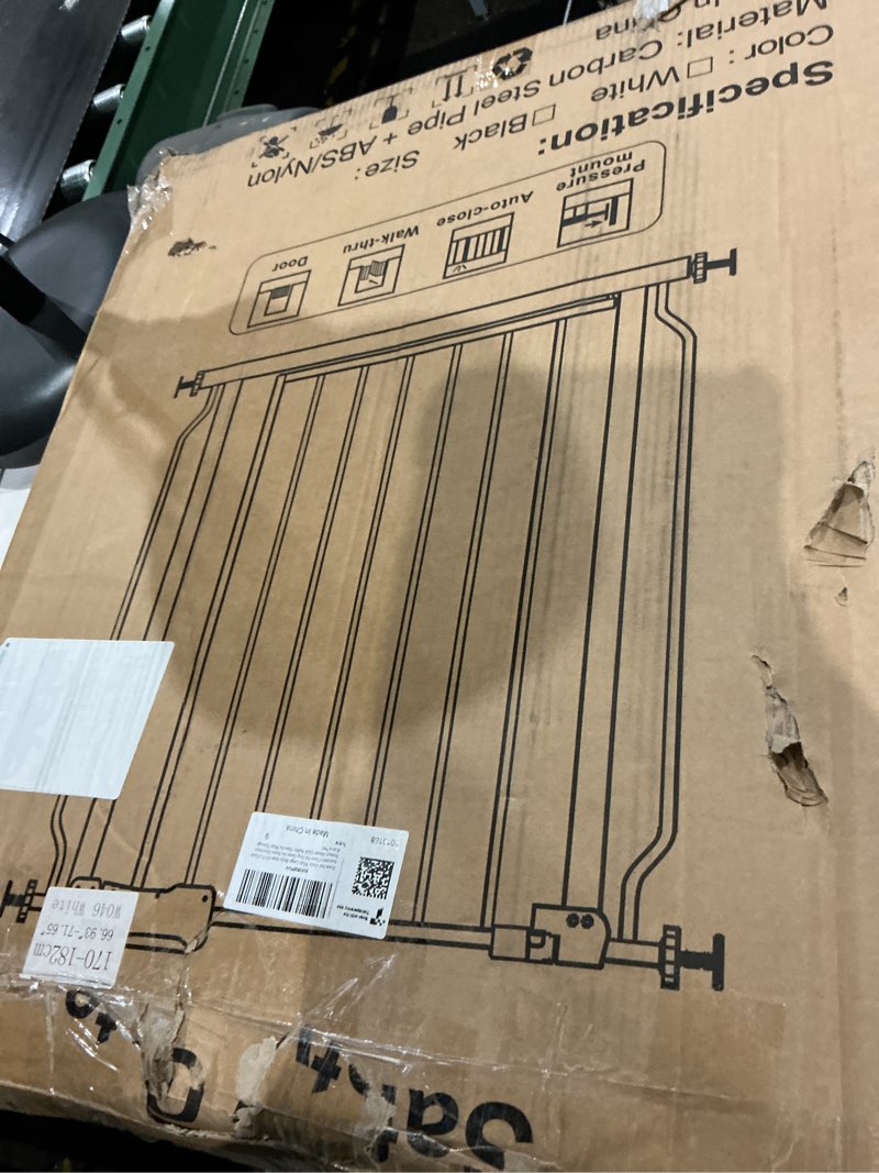Condition photo showing New/Like New for narrow baby gate 24 to 29 inch wide pet gate pressure mounted no drill safety gate walk through metal child gate for kids stairs or pets indoor white 24.02"-29.13"/61-74cm