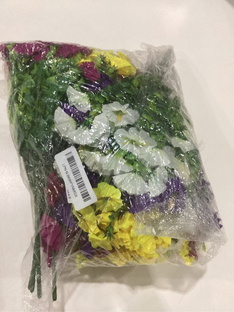 Condition photo showing New/Like New for HyeFlora Artificial Flowers for Outdoors Fake Plants Outside Decoration, 12 Bundles Silk Colorful Morning Glory with Eucalyptus UV Resistant Realistic Faux Flowers for Planter Front Door Garden Yard Multi Color(3 Purple, 3 Fuchsia, 3 White, 3 Yellow)
