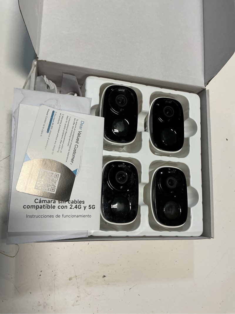 Condition photo showing Good Condition for rraycom 4pc 2.4g/5ghz security cameras wireless outdoor,2k battery home security camera with ai detection,siren, wifi home indoor camera, color night vision,2-way talk,ip65, cloud/sd, works w/alexa 4 white