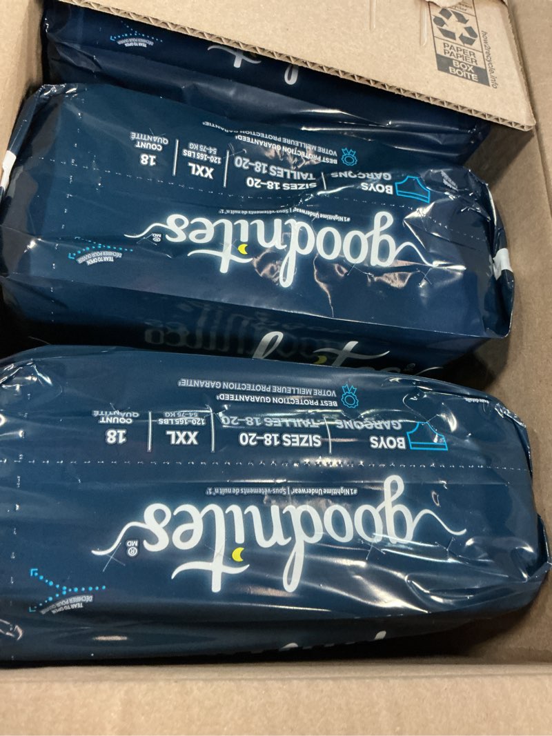 Condition photo showing New/Like New for goodnites boys' nighttime underwear, size xxl (120-165 lbs), 54 ct, packaging may vary xx-large 54