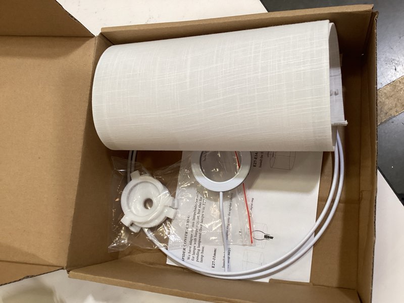 Condition photo showing As Is for white linen small drum lampshade, 8.66" top x 8.66" bottom x 7.87" high lamp shade, lamp shade replacement for table and floor lamps, pendant light?handcrafted lampshade?easy assembly