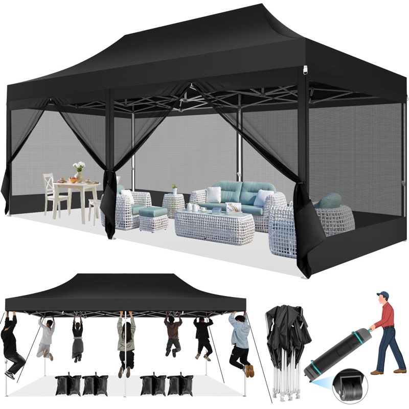 COBIZI 10'X20' Heavy Duty Canopy Tent, Pop Up Gazebo With Netting Screened ,Waterproof Ez Up Canopy With Sidewalls, Outdoor Instant Party Tent For Backyard