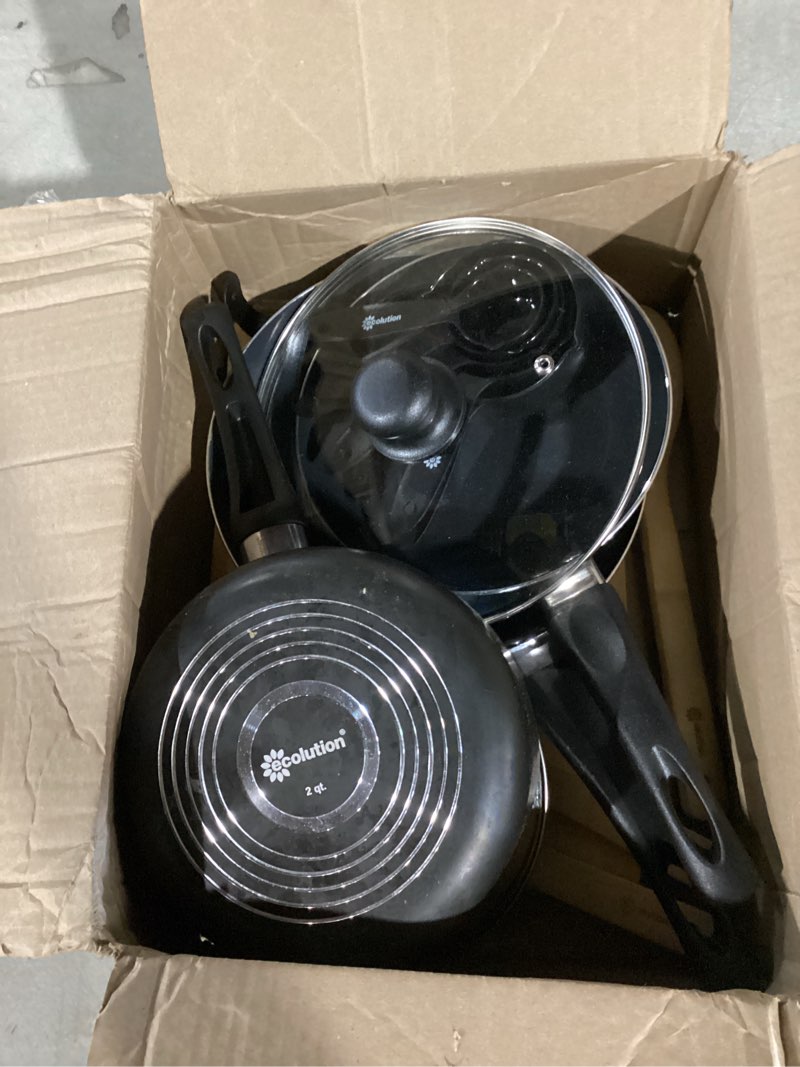 Condition photo showing As Is for non stick kitchen cookware 7-piece set, non-induction, includes pots and pans, black