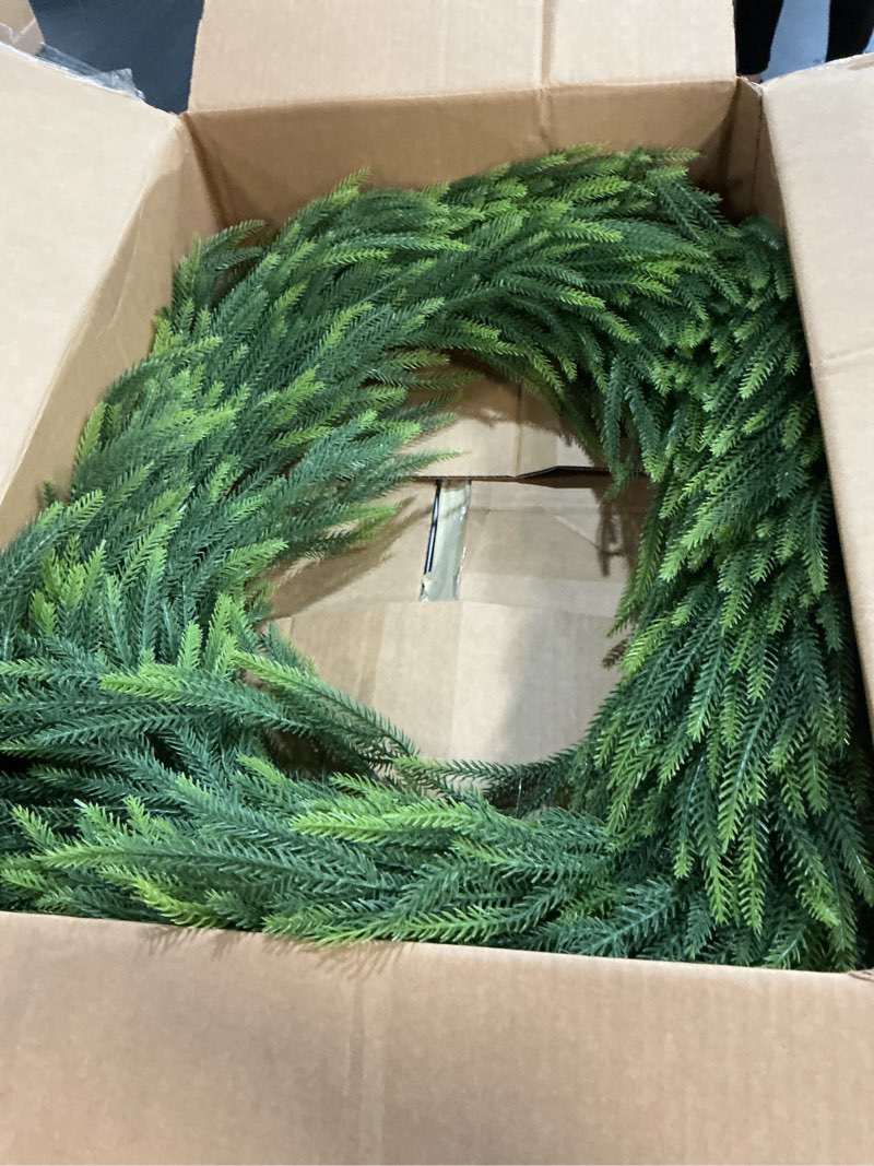 Condition photo showing Good Condition for Norfolk Pine Wreath, 23.6 in Real Touch Norfolk Pine Wreath, Artificial Christmas Wreath Faux Pine Green Wreath, Christmas Wreath for Front Door Wall, Windows, Xmas Decoration (A)