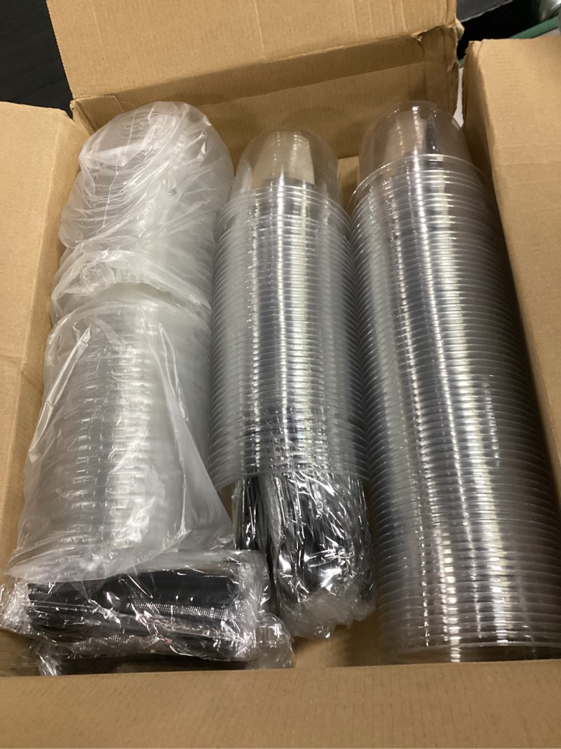 Condition photo showing Good Condition for jnnzzggu 100 pack 12oz clear plastic cups with no hole dome lids and sporks,disposable dessert cups,yogurt parfait cup for cupcake,pudding,iced cold drinks,coffee,juice,snacks,fruits,ice cream
