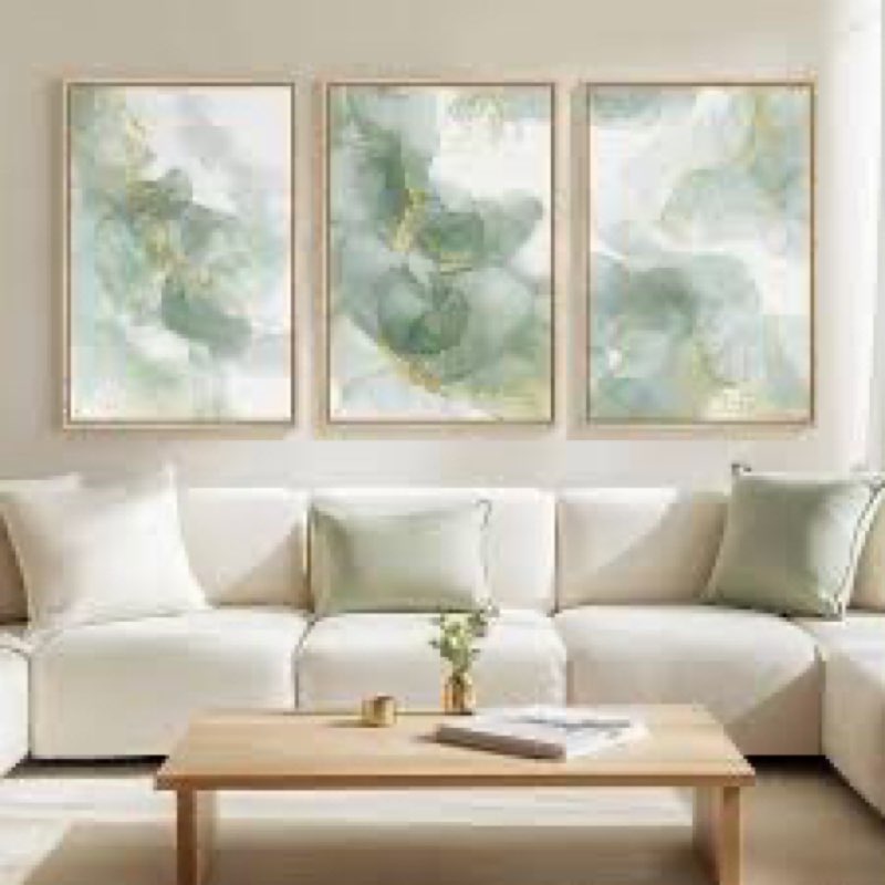 Large Framed Sage Green Abstract Landscape Wall Art for Living Room, 3 Piece Modern Canvas Prints Pa