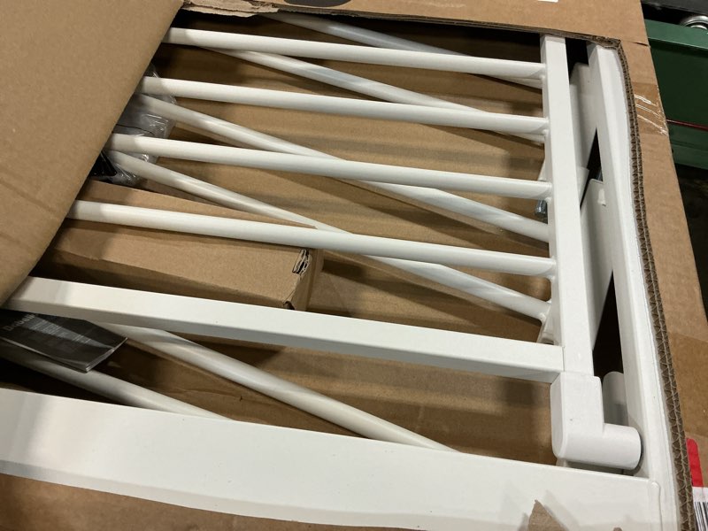 Condition photo showing As Is for babelio metal baby gate, 29-48“ auto close easy install pet gate, extra wide walk thru child safety gate, pressure mounted dog gate for doorways & stairs, with y spindle rods, white white 30"tall 29"-48" wide