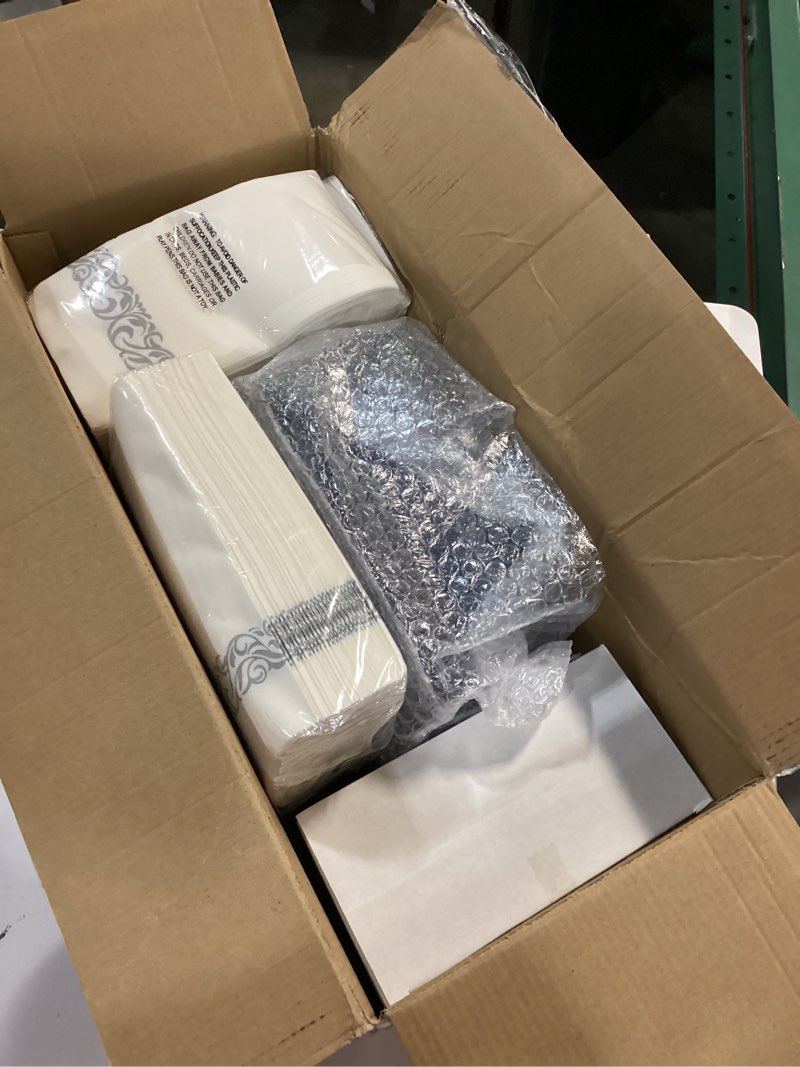 Condition photo showing New/Like New for Hioasis 350pcs Blue and Silver Plastic Plates - Elegant Disposable Dinnerware Set Suitable for 50 Guests Include 10.25" Dinner & 7.5" Dessert Plates, Cutlery, Napkins, Cups for Party Blue and Silver 50 Guests