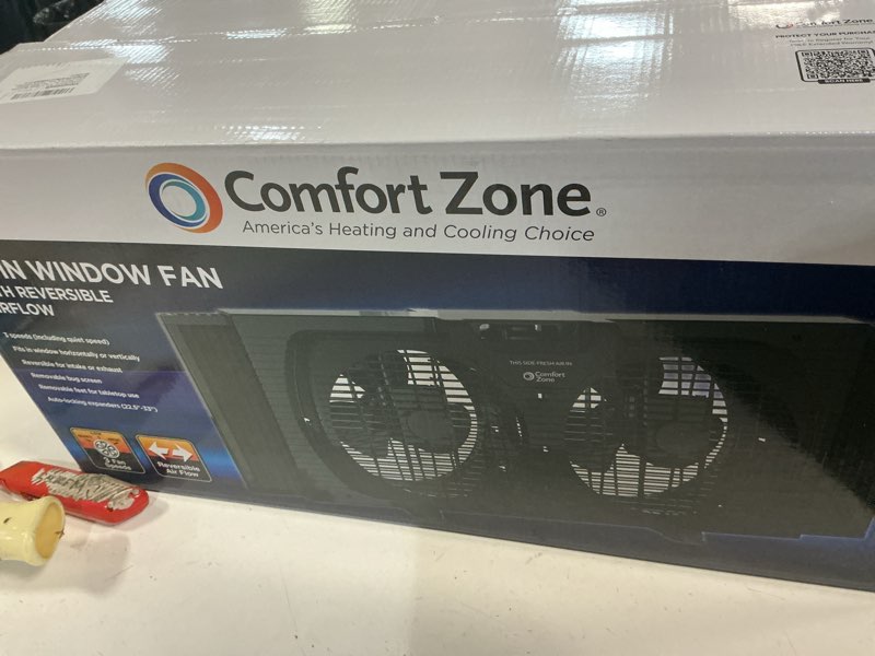 Condition photo showing New/Like New for comfort zone window fan for bedroom, 9 inch 3 speed dual fans with auto-locking expanders, window exhaust fan, removeable bug screen, black
