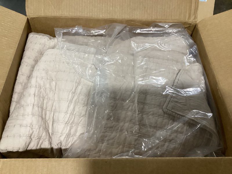 Condition photo showing As Is for WDCOZY 100% Cotton King Size Quilt Set - Beige Neutral Striped Pick Stitch Soft Lightweight Bedspread, Textured Like Linen, Farmhouse Country Rustic Coverlet, Shabby Chic Gauze Bedding, 3 Pieces Linen (Warm Yellow Tint) King (106"x96")