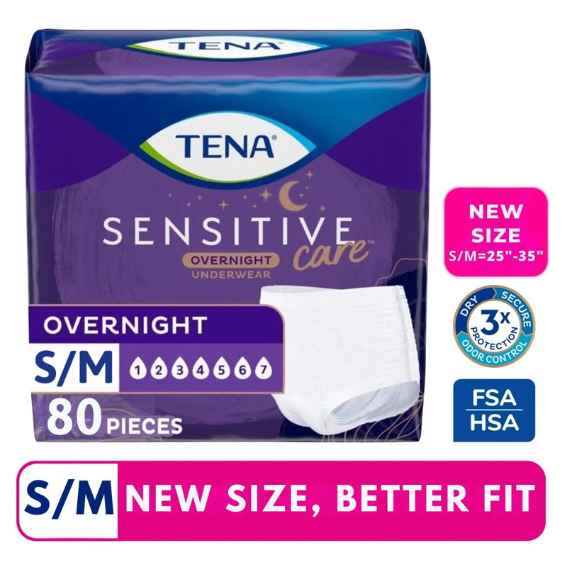 (Size:S/M)TENA Sensitive Care Overnight Incontinence Underwear for Women, Bladder Control and Postpartum, Small/Medium, 80 count (Waist size: 25in-35in)
