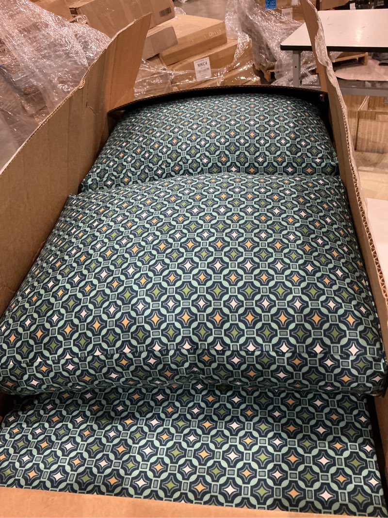 Condition photo showing Good Condition for arden outdoor loveseat cushion set, 48 x 24, rain-proof, fade resistant, cushion set for couch, bench, and swing black aurora damask