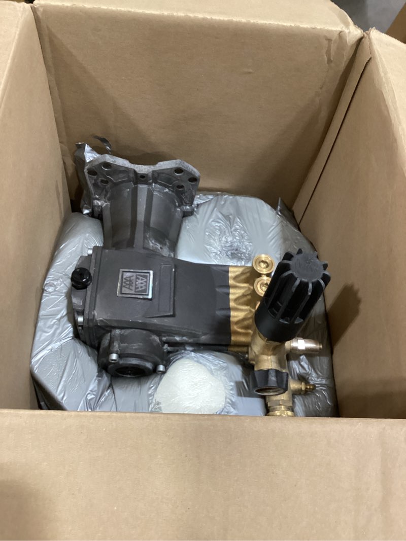 Condition photo showing As Is for aaa 90034 horizontal triplex plunger replacement pressure washer pump kit, 4400 psi, 4.0 gpm, 1" shaft, includes hardware and siphon tube, for industrial gas powered machines, black
