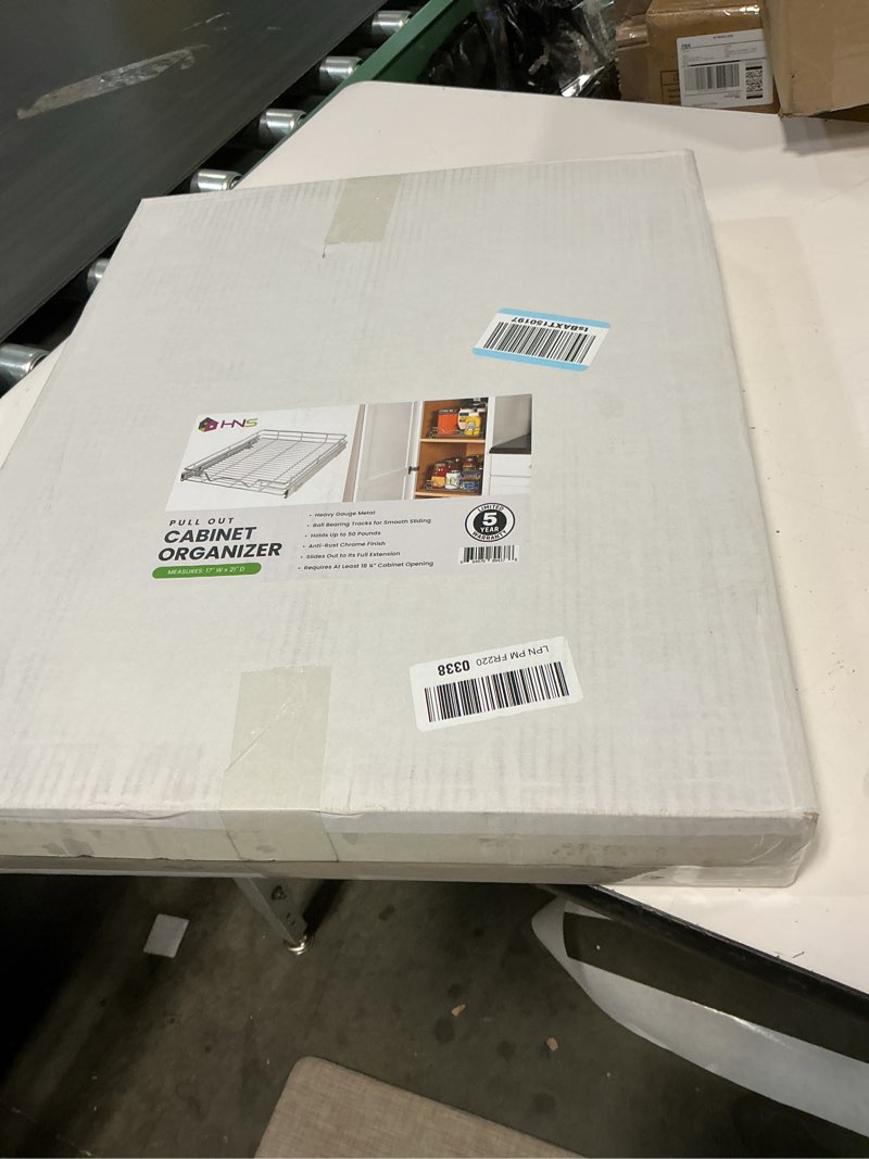 Condition photo showing New/Like New for HOLDN’ STORAGE Pull Out Cabinet Organizer, Heavy Duty Caddy w/Lifetime Limited Warranty -17”W x 21”D - Requires At Least 18-1/4” Cabinet Opening, Steel Metal Cabinet Drawers Slide Out, Chrome