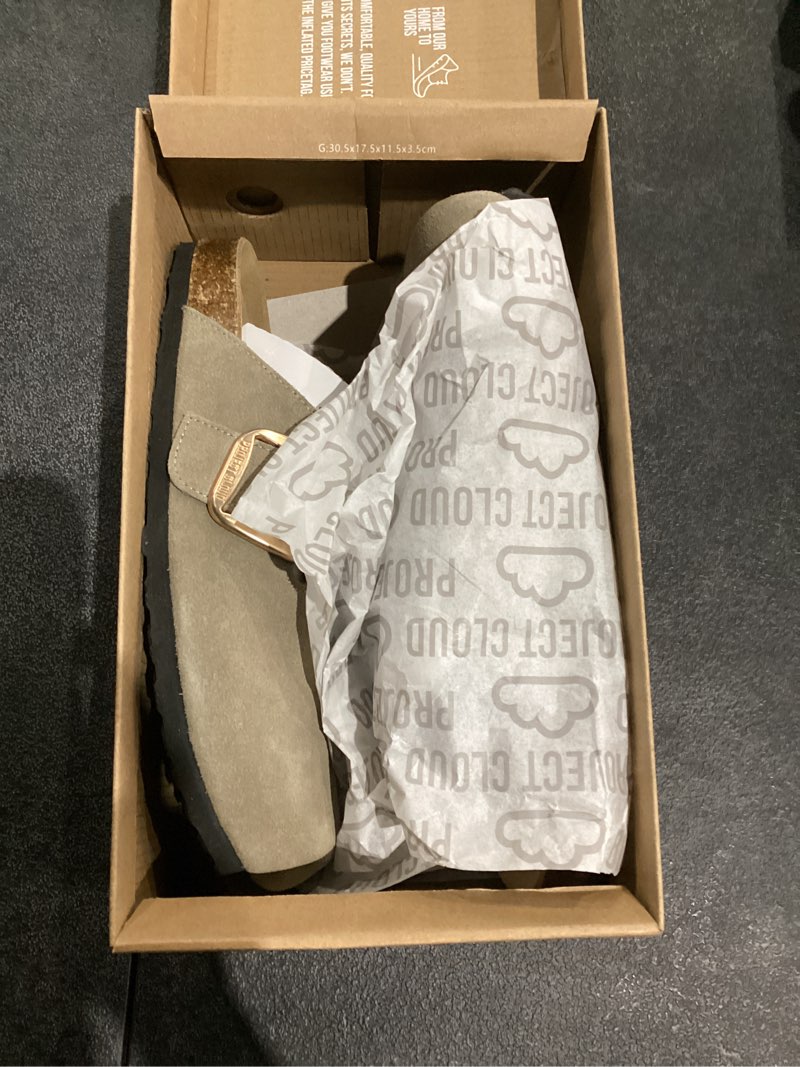 Condition photo showing New/Like New for genuine suede clogs for women-arch support cork footbed mules memory foam potato shoes slip on comfort sandals with adjustable buckle taupe 5