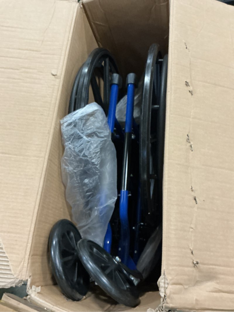 Condition photo showing As Is for Drive Medical Blue Streak Wheelchair with Flip Back Desk Arms, Swing Away Footrests, 16 Inch Seat