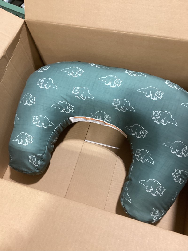 Condition photo showing Good Condition for Boppy Nursing Pillow - Ergonomic Bottle & Breastfeeding Pillow with High, Firm, Large Area, Water-Repellent Cushion with Washable Cover; Baby Safety Alliance Verified - Forest Green Dinos New Nursing Pillow Forest Green Dinos