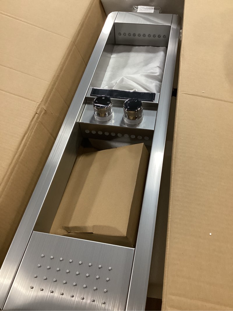 Condition photo showing Good Condition for shower panel tower system with shelf, rainfall shower head and rain massage system with body jets, stainless steel bathroom fixtures, brushed nickel&chrome