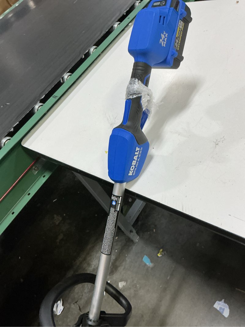 Condition photo showing As Is for kobalt 24-volt max 12-in straight shaft battery string trimmer 4.0 ah