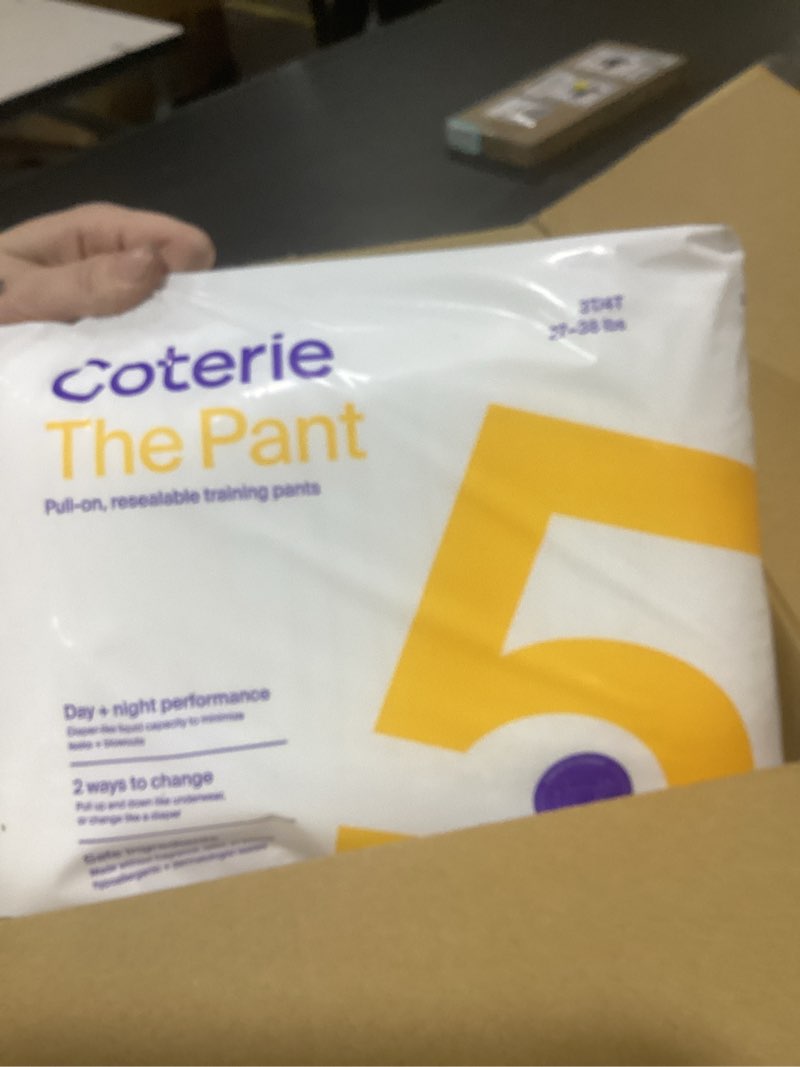 Condition photo showing New/Like New for coterie the pant, size 5, refastenable training pants for sensitive skin, hypoallergenic, super absorbent overnight leak protection, 3t/4t (27-38 lbs) 112 count