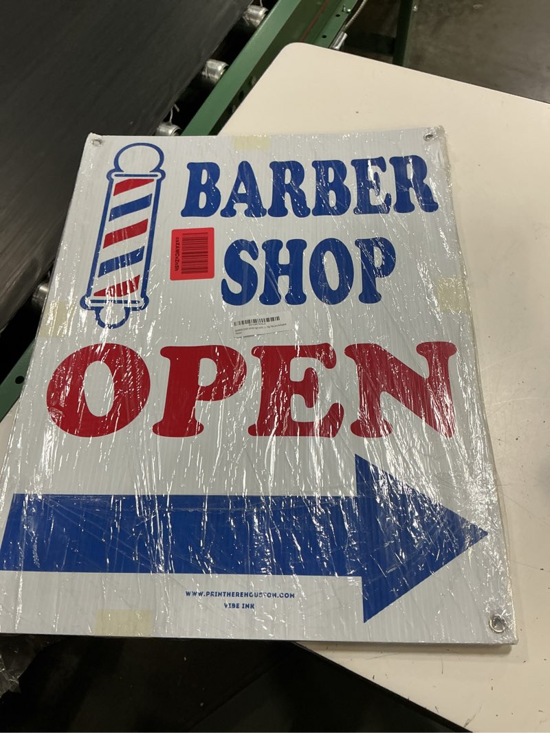 Condition photo showing New/Like New for barber shop open sign w/directional left/right arrows 2-sided 18x24" red blue white plastic frame sandwich board kit grommets - zip ties are included!