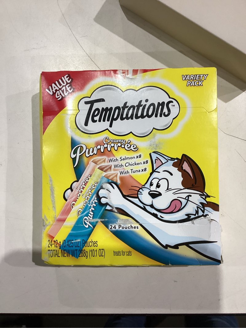 Condition photo showing New/Like New for TEMPTATIONS Creamy Puree Chicken  Salmon  and Tuna Lickable Cat Treats Variety Pack  (24) 12g Pouches