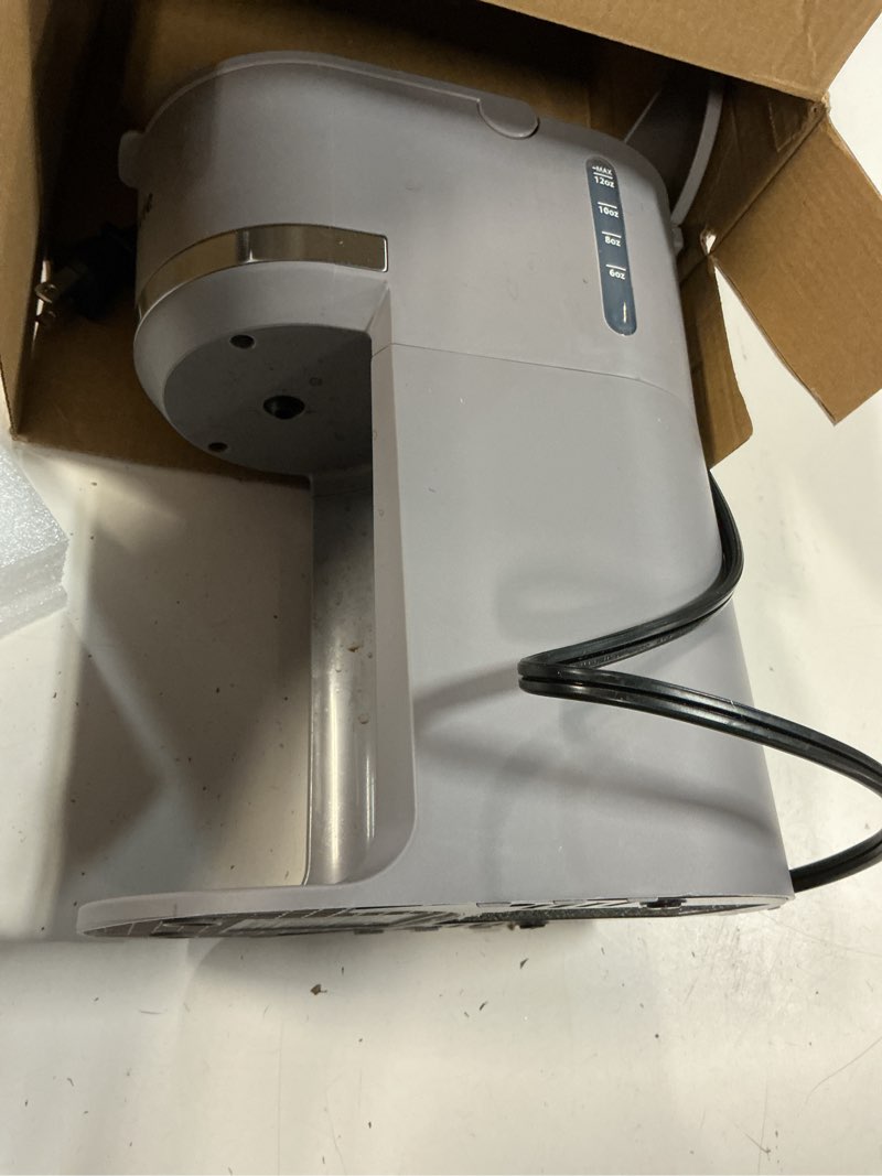 Condition photo showing As Is for mini single serve coffee maker for k cup pods and ground coffee, fast brew one cup coffee machine with descaling reminder and water window, 6 to 12 oz. brew sizes, gray gray 9.45 inches