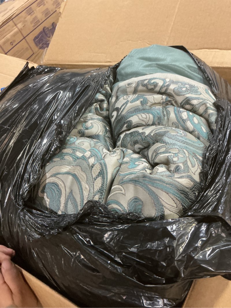 Condition photo showing As Is for madison park 24 piece faux silk paisley queen comforter set with matching curtains, down alternative hypoallergenic - teal, queen (90 in x 90 in) teal queen (90 in x 90 in) paisley