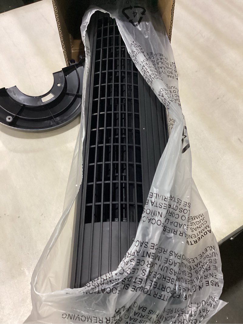 Condition photo showing As Is for amazon basics 28" 60-degree oscillating tower fan for bedroom, living room, office, with 3 speeds, intuitive mechanical control, black, 35w, 27.8"h x 9.4"d x 9.4"w 28" - mechanical control