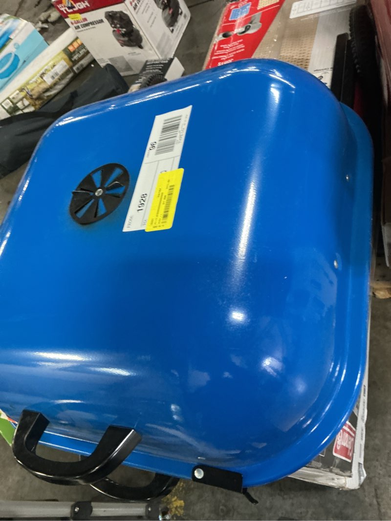 Condition photo showing As Is for americana walk-a-bout, original square charcoal grill-100% pre-assembled portable steel, blue